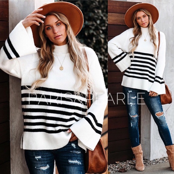 Sweaters - PREVIEW Ivory & Black Striped Oversized Sweater